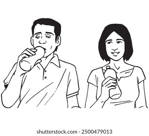 A man is drinking from a bottle while his friend watching him. Illustration in black and white and vector format. Please note that this illustration is not AI Generated content.