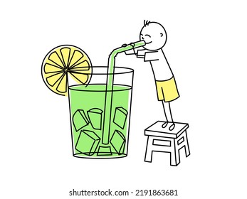 Man drinking chilled drink with ice. Mojito.