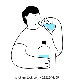 Hombre bebiendo agua limpia en un vaso de una botella de plástico. Agua sedienta y hambrienta. Ilustración vectorial de línea delgada en blanco