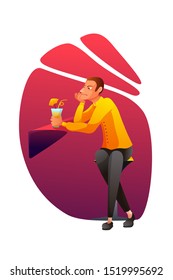 Man drinking cocktail flat vector illustration. Frown guy sitting alone in bar cartoon character. Pub visitor holding exotic beverage with straw and umbrella. Alcohol addiction, unhealthy lifestyle