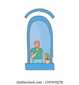 man drinking coffee in apartment window for quarantine free form style vector illustration design