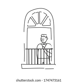 hombre tomando café en la ventana del apartamento para el diseño de ilustraciones vectoriales de línea de cuarentena