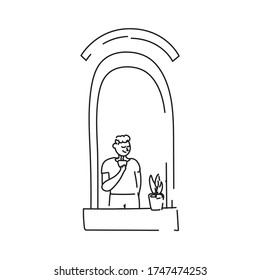 man drinking coffee in apartment window for quarantine line style vector illustration design