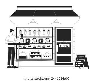 Man drinking coffee in confectionery shop black and white 2D line cartoon character. Customer male at dessert store isolated vector outline person. Small business monochromatic flat spot illustration