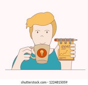 man drinking coffee and developing a business plan,successful planning, vector image, flat design, cartoon character