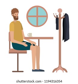 man drinking coffee in the dining room
