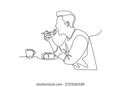 Un hombre tomando café durante el desayuno. Concepto de la hora del desayuno. Diseño de dibujo de línea única. Ilustración gráfica de Vector