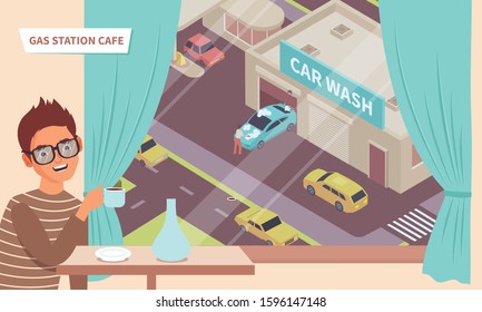 Man Drinking Coffee At Gas Station Cafe With Window Looking Out Over Car Wash Building 3d Isometric Vector Illustration