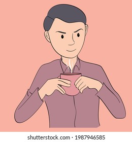 A man drinking coffee.  Happy face to smell a cup of coffe. Hand drawn style vector design illustrations