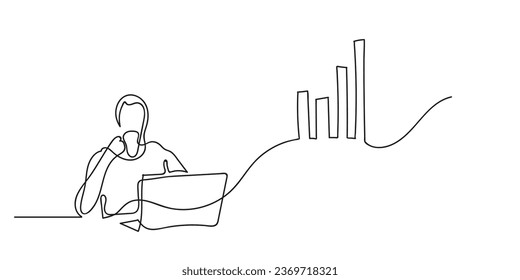 man drinking coffee looking at laptop and business charts.worker success.growing business.vector continuous lines