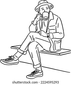 Man drinking coffee People in Cafe lifestyle Hand drawn line art Illustration