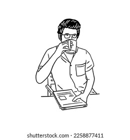 Man drinking coffee People lifestyle Hand drawn line art Illustration