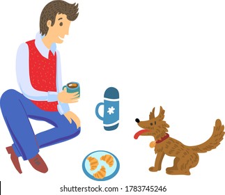Mann trinkt Kaffee und spielt mit einem Hund. Vektorgrafik-Illustration