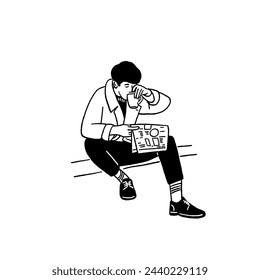 Man drinking coffee read Newspaper People lifestyle Hand drawn minimal Line art Illustration