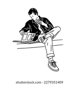 Man drinking coffee reading book Young People lifestyle Hand drawn line art Illustration