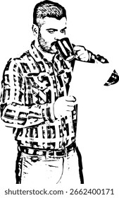 Homem bebendo café e papel de leitura isolado no fundo branco Sketch vetor