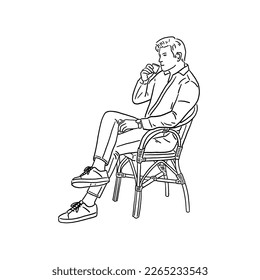 Man drinking coffee sit in Cafe People lifestyle Hand drawn line art illustration