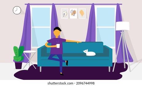 Man drinking coffee sitting on the chair. Cute illustration in flat style.