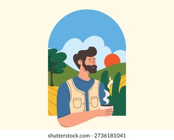 Man drinking coffee with summer landscape green field and sunrise background