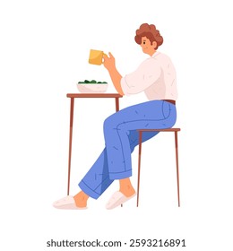 Man drinking coffee or tea and eating breakfast in kitchen. Vector isolated male personage daily routine and morning schedule. Smiling happy person with cup of warm drink enjoying day off