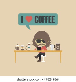 man drinking coffee with unplug method, retro style