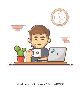 Man Drinking Coffee Vector Icon Illustration. Man And Laptop, Clock, Coffee, Cactus, Office Icon Concept White Isolated. Flat Cartoon Style Suitable for Web Landing Page, Banner, Sticker, Background