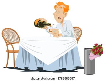 Man is drinking cognac. Guy with bottle alcohol. Broken heart. Funny people.