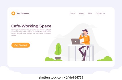 Man drinking a cup of coffee Cafe Working Space Concept Vector Flat Illustration for landing page, wallpaper, background, banner, advertising, web, business