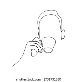 A man drinking a cup of coffee or tea. Continuous single line drawing vector illustration 