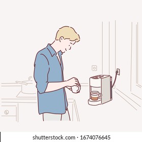 Man drinking cup of morning coffee with coffee machine while breakfast at kitchen. Hand drawn style vector design illustrations.