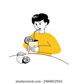 A man drinking fresh juice, summer drink character illustration