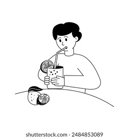 Ein Mann trinkt frischen Saft, Sommer trinken Charakter Illustration