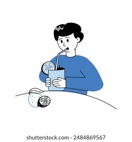 A man drinking fresh juice, summer drink character illustration