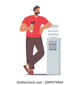 Man Drinking Fresh Water at Cooler during Break in Office, Worker, Employee or Sportsman Male Character Rest, Drink Beverage Isolated on White Background. Cartoon People Vector Illustration