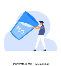 Hombre bebiendo un vaso gigante de agua. Sed y deshidratación. El personaje humano bebe agua mineral para la salud en diseño plano.