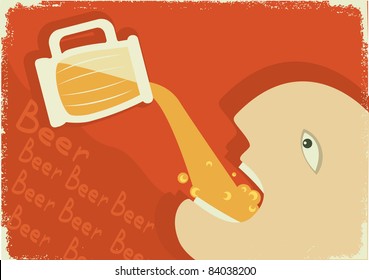 MAn drinking glass of beer. Vector poster for text