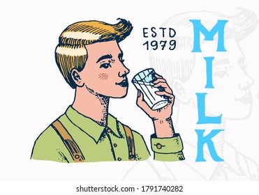 A man drinking a glass of milk. Vintage logo for shop. Badge for t-shirts. Hand Drawn engrave sketch. Vector illustration.