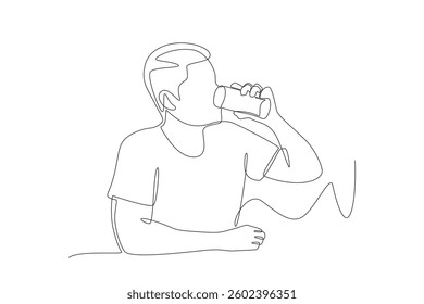Man drinking a glass of water. Drinking water concept one-line drawing