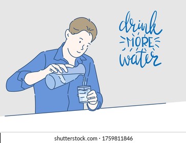 A man drinking a glass of water with a happy face. Drink more Water.  Lifestyle and healthcare concept. Hand drawn in thin line style, vector illustrations.