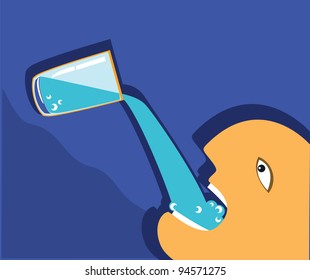 Man drinking glass of water.Vector blue poster