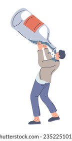 Man drinking from huge bottle, isolated addictive to alcohol male character. Personage leading unhealthy and destructive lifestyle. Guy with addiction having psychological issues. Vector in flat style