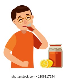 Man drinking kombucha with with jar and lemon in flat style vector illustration