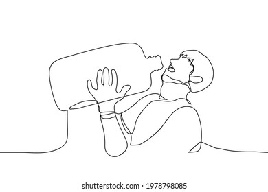 man drinking from a large plastic bottle - one line drawing. strong thirst concept