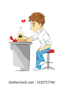 A man drinking and looking to a ring. Feel sad. broken heart. vector illustration isolated cartoon hand drawn