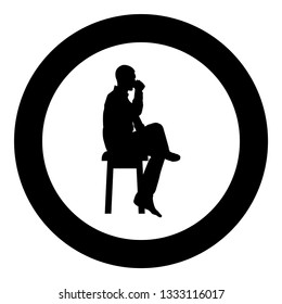 Man drinking from mug sitting on stool with crossed leg Concept relax icon black color vector in circle round illustration flat style simple image