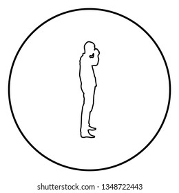 Man drinking from mug standing icon outline black color vector in circle round illustration flat style simple image