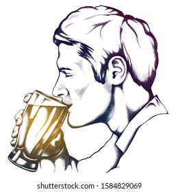 A man is drinking from a mug. Vector illustration.
