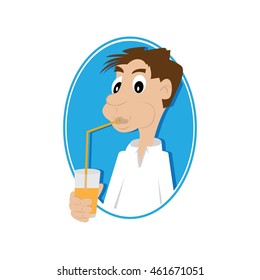 the man is drinking orange juice through a straw. vector illustration