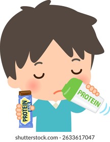 Man drinking a protein shake and eating a protein bar