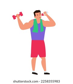 man drinking protein shake and lifting dumbbell vector illustration